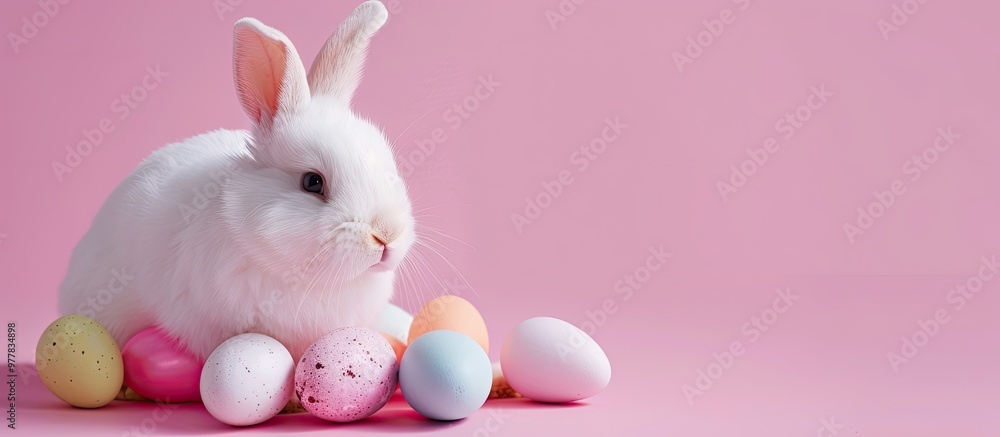 White Easter bunny with eggs on a pink background isolated The fluffy rabbit gazes at the camera Easter themed background The image includes the caption Happy Easter. Copy space image White Easter bunny with eggs on a pink background isolated The fluffy rabbit gazes at the camera Easter themed background The image includes the caption Happy Easter. Copy space image