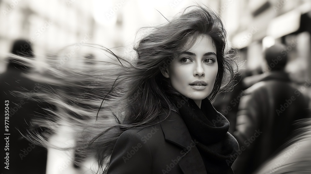 A black and white photograph of an elegant brunette woman walking through crowd, look scared, blurred motion, shot from street level, wearing modern attire A black and white photograph of an elegant brunette woman walking through crowd, look scared, blurred motion, shot from street level, wearing modern attire