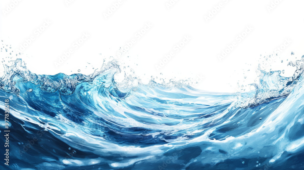 “Blue water with shimmering effects, resembling a wave, set against a white background. Ideal for creating a fresh and dynamic visual impression.” “Blue water with shimmering effects, resembling a wave, set against a white background. Ideal for creating a fresh and dynamic visual impression.”