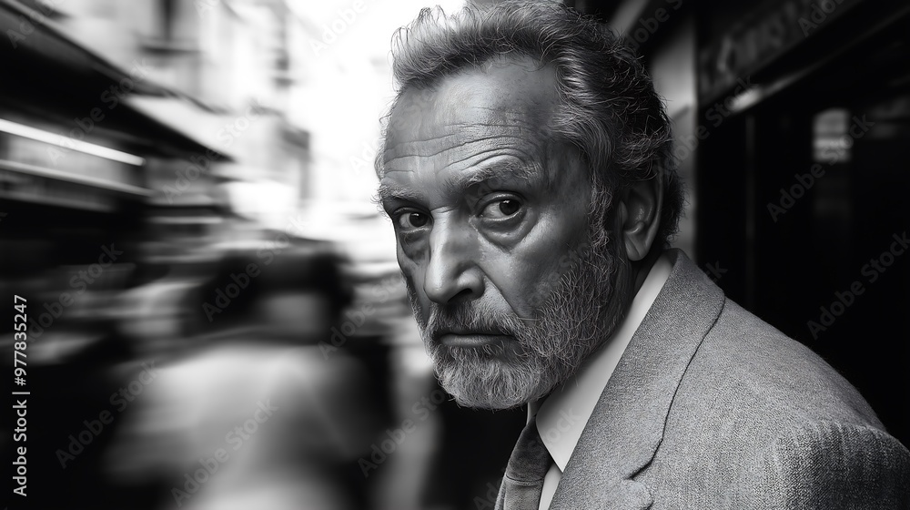 A black and white photograph of an elegant man walking through crowd, blurred motion, shot fromstreet level, wearing modern attire A black and white photograph of an elegant man walking through crowd, blurred motion, shot fromstreet level, wearing modern attire