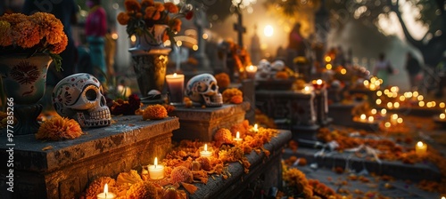 Día de los Muertos: Families Decorating Graves at Dusk with Marigolds, Sugar Skulls, and Candles