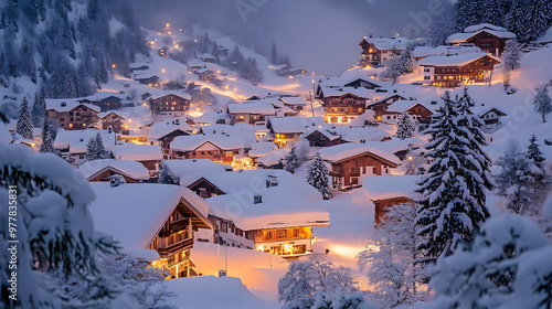 A picturesque alpine village at night with lights glowing through snow-covered rooftops.