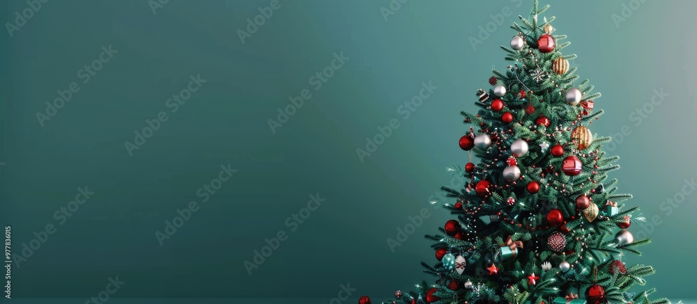Christmas tree joyfully adorned with ornaments and toys. Copy space image. Place for adding text and design Christmas tree joyfully adorned with ornaments and toys. Copy space image. Place for adding text and design