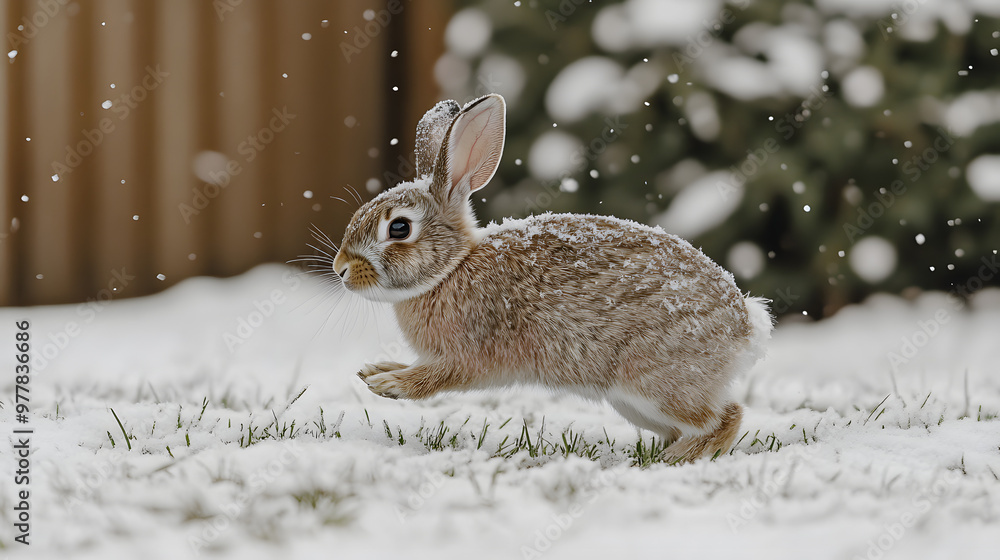 A rabbit cautiously exploring a snow-covered backyard its tiny footprints trailing behind as it hops around with frost on the grass. A rabbit cautiously exploring a snow-covered backyard its tiny footprints trailing behind as it hops around with frost on the grass.