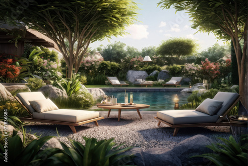 Cozy garden relaxation area with chairs and sun loungers. A peaceful outdoor relaxation area in the garden, featuring comfortable chairs and sun loungers for a serene escape in nature. generative AI