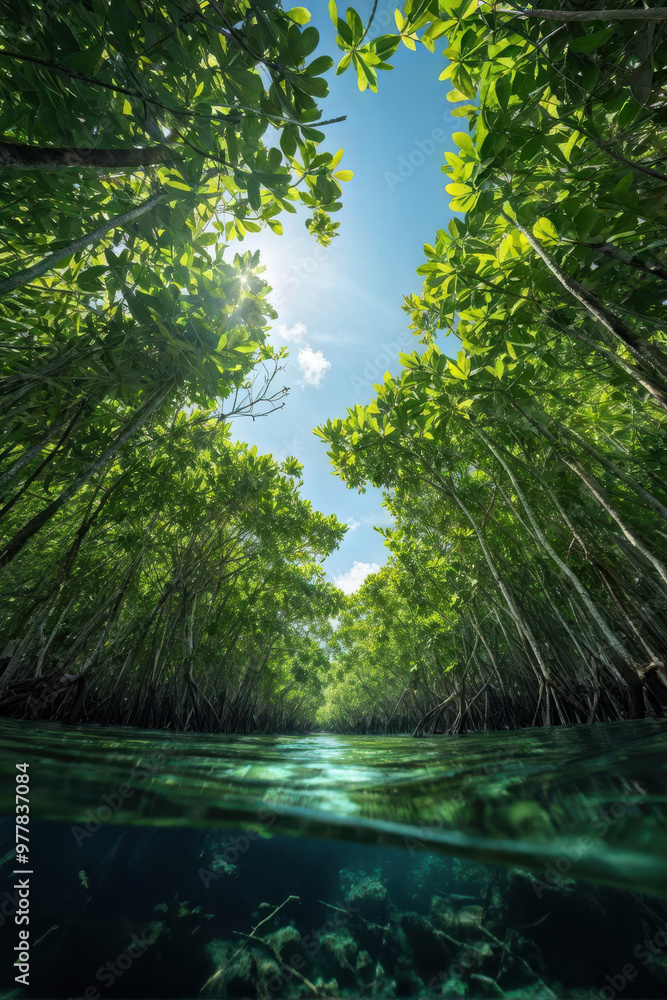 Bottom-up view of a lush green mangrove forest canopy. A detailed bottom-up perspective of a vibrant green mangrove forest canopy, highlighting the dense foliage. generative AI Bottom-up view of a lush green mangrove forest canopy. A detailed bottom-up perspective of a vibrant green mangrove forest canopy, highlighting the dense foliage. generative AI