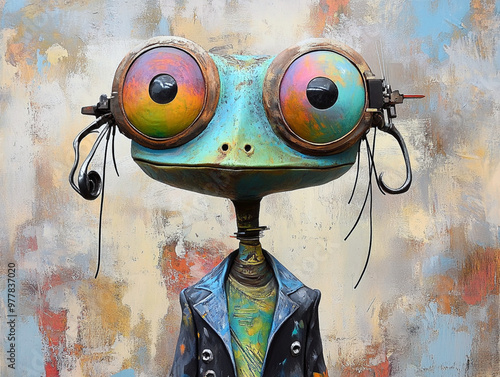 Quirky Robot Frog Character with Large Colorful Eyes in Abstract Artwork © Magdalena Wojaczek