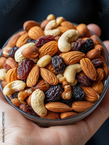 A hand holding a glass bowl filled with a mix of almonds, cashews, walnuts, and raisins, offering a healthy, nutritious snack option perfect for promoting healthy eating or diet-related content,