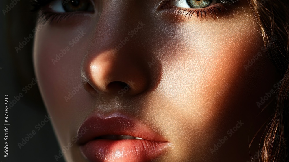 Fototapeta premium Close-up of a woman's face with sunlight illuminating her cheek and lips
