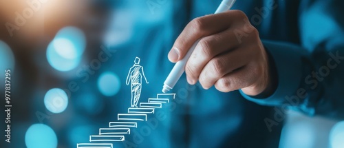 Businessman drawing stairs with a white marker on a transparent glass board, a man walking up the staircase to success and growth concept, the winner of a business development Generative AI