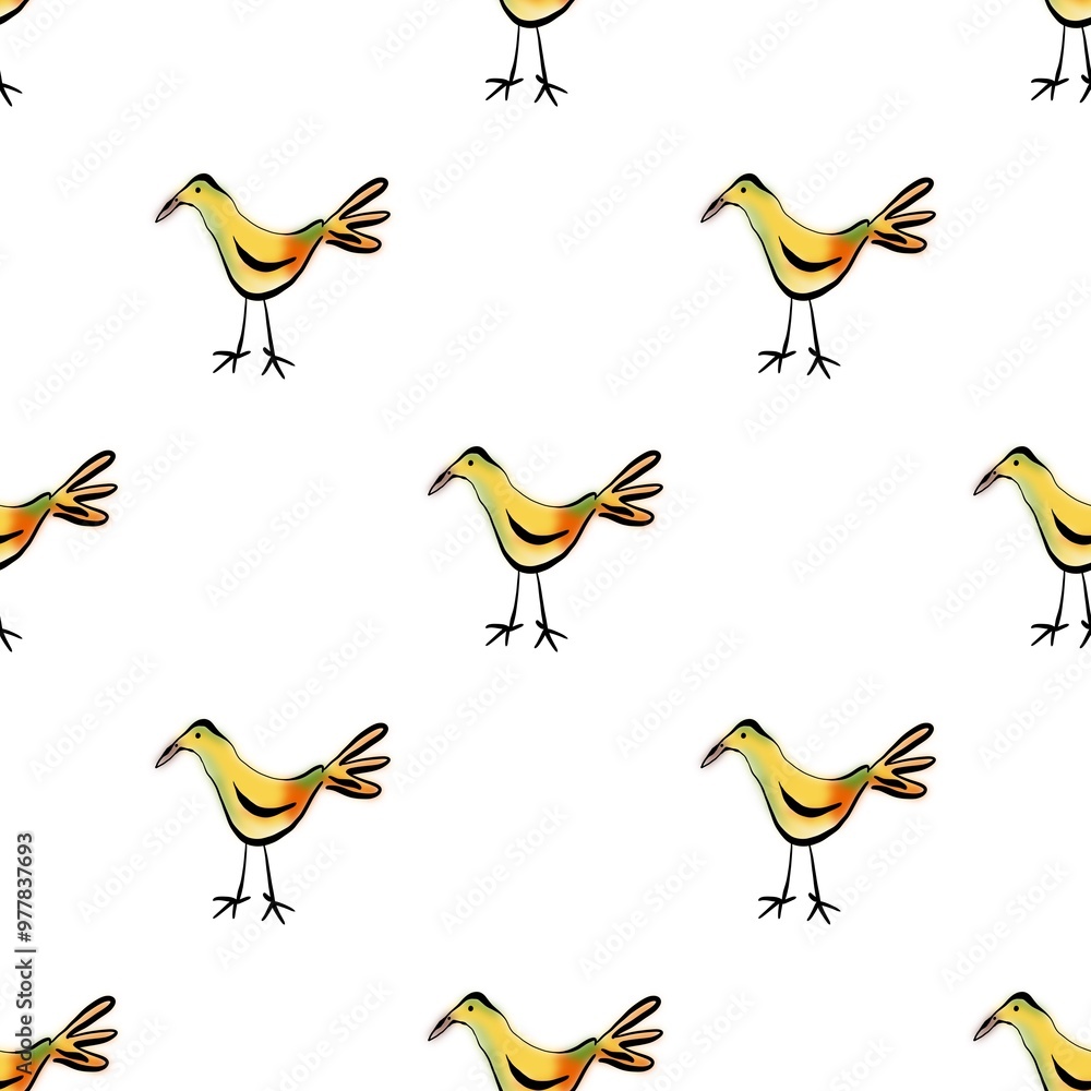 Fototapeta premium Seamless abstract pattern with birds. Black, yellow, red, white. Digital brush strokes texture. Illustration. Design for textile fabrics, wrapping paper, background, wallpaper cover.