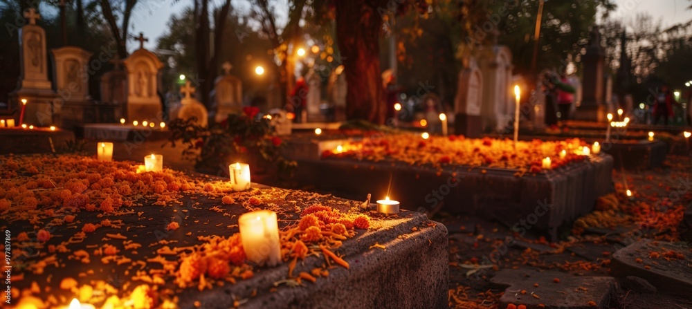 Day of the Dead Evening Cemetery Scene with Marigold Petals and Candlelit Gravestones for Remembrance Day of the Dead Evening Cemetery Scene with Marigold Petals and Candlelit Gravestones for Remembrance