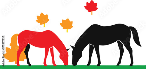 Horses Grazing in Fall Pasture Vector Illustration for Nature Lovers
