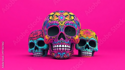 Vibrant Day of the Dead skulls with intricate patterns on a bright pink background. Celebrating Mexican culture and art in festive colors.