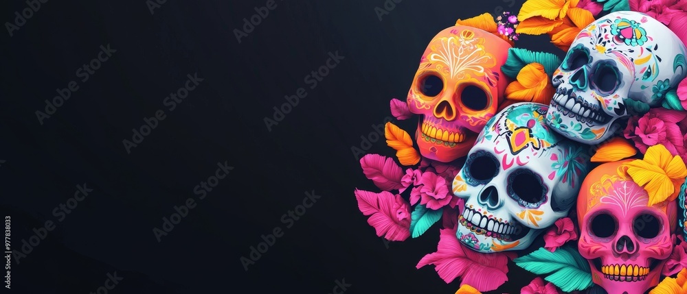 Fototapeta premium Colorful Day of the Dead skulls with vibrant flowers on a dark background, perfect for festive and cultural celebrations.