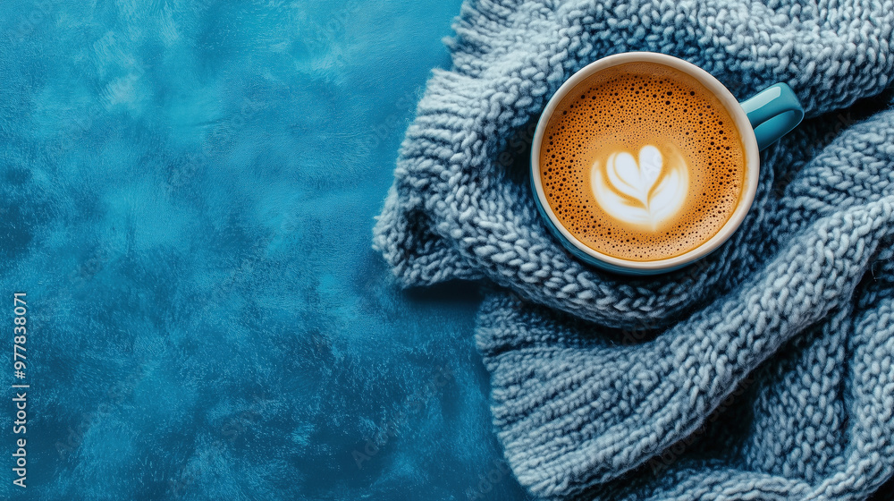 Cozy warm winter composition with cup of hot coffee or chocolate, Cup of coffee on a knitted blanket against the background of lights, Selective focus Cozy warm winter composition with cup of hot coffee or chocolate, Cup of coffee on a knitted blanket against the background of lights, Selective focus