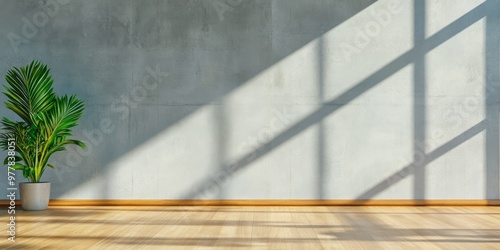 Modern Minimalist Product Display: Light and Shadow Interplay on Bare Concrete Wall with Wooden Floor and Solitary Potted Plant for a Clean Presentation photo