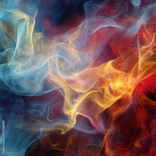 A vibrant swirl of colorful smoke, blending shades of blue, red, and yellow, creating a mesmerizing abstract background.