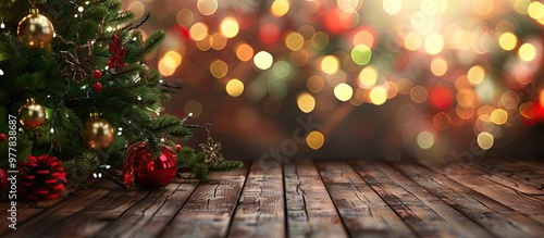 Christmas tree and decorations against a backdrop of lights with space for text. Copy space image. Place for adding text and design