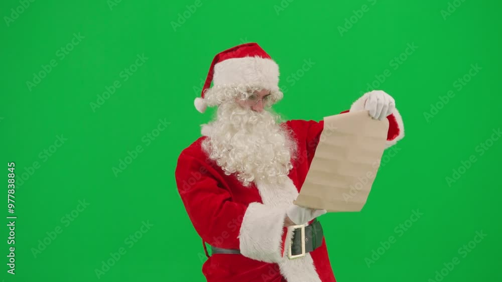 Portrait of man dressed as Santa on chroma key green screen background. Santa Claus in red outfit opens paper roll, reads it showing thumbs up. Portrait of man dressed as Santa on chroma key green screen background. Santa Claus in red outfit opens paper roll, reads it showing thumbs up.