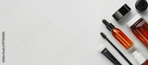 Cosmetic travel kit on a white background flat lay Area for text. Copy space image. Place for adding text and design photo