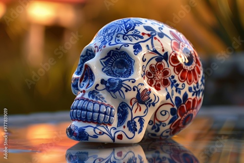 Detailed Porcelain Sugar Skull with Blue and Red Floral Patterns Reflecting Warm Sunlight