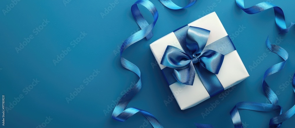 New Year gift box tied with a blue ribbon featuring empty space for design. Copy space image. Place for adding text and design New Year gift box tied with a blue ribbon featuring empty space for design. Copy space image. Place for adding text and design