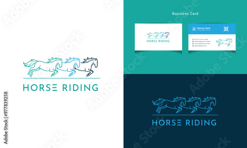 Vintage Equestrian Logo & Business Card Set: Elegant Running Illustrations for Horse Riding Logo
