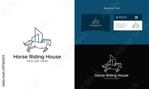 Vintage Equestrian Logo & Business Card Set: Elegant Running Illustrations for Horse Riding Logo