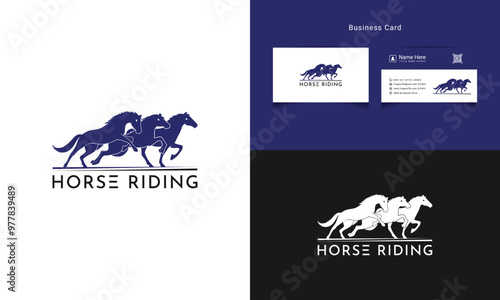Vintage Equestrian Logo & Business Card Set: Elegant Running Illustrations for Horse Riding Logo