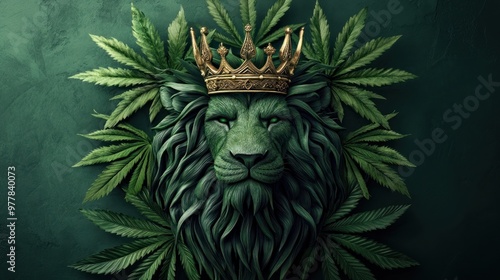 A lion is wearing a crown and surrounded by green leaves