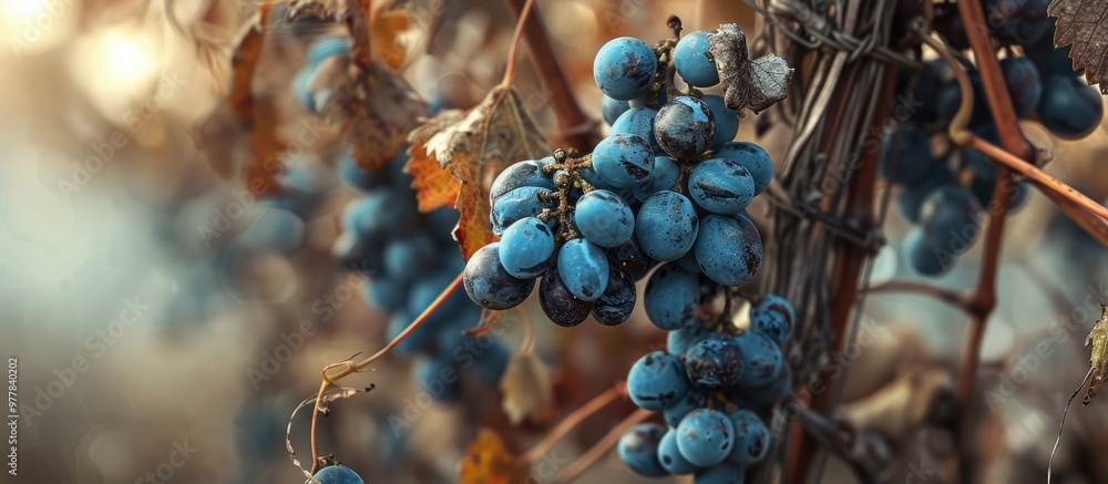 Dried cluster of blue grapes Grapevine in the garden during autumn. Copy space image. Place for adding text and design Dried cluster of blue grapes Grapevine in the garden during autumn. Copy space image. Place for adding text and design