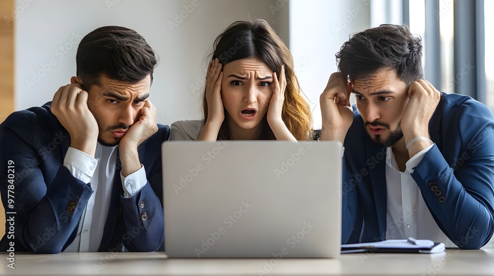 Three Colleagues React in Shock While Looking at a Laptop Screen Three Colleagues React in Shock While Looking at a Laptop Screen