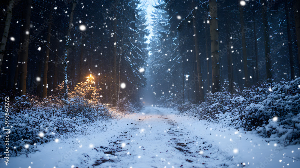 A snowy pathway through a dense forest with snowflakes gently falling from the sky. A snowy pathway through a dense forest with snowflakes gently falling from the sky.