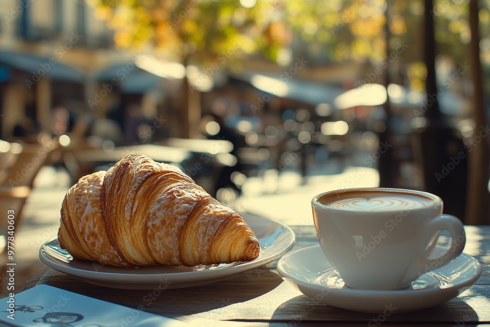 Delicious croissant and coffee on a table at an outdoor caf in the heart of the city Delicious croissant and coffee on a table at an outdoor caf in the heart of the city