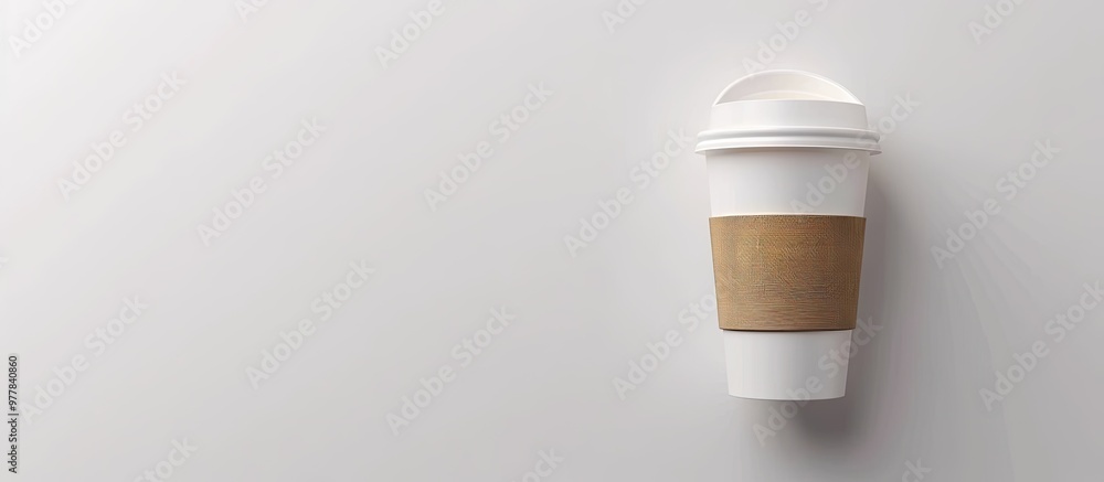Disposable paper cup with a plastic lid for hot coffee or tea on a white background Flat lay top view. Copy space image. Place for adding text and design Disposable paper cup with a plastic lid for hot coffee or tea on a white background Flat lay top view. Copy space image. Place for adding text and design