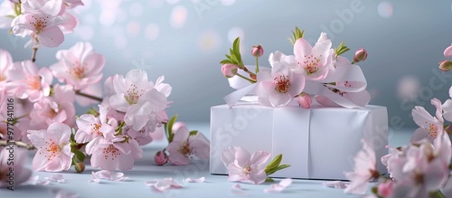 Greeting card featuring space for your text a gift box and spring flowers. Copy space image. Place for adding text and design