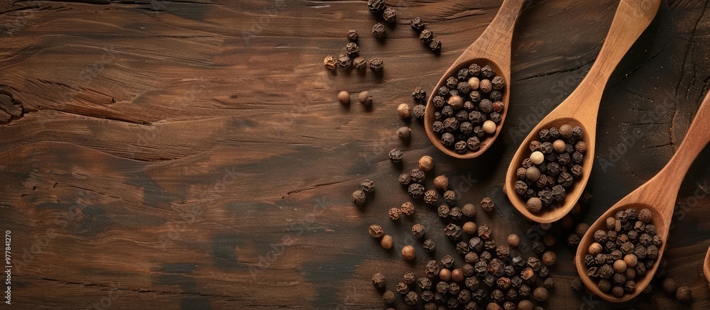 Choice of pepper seeds on wooden spoons Concept of spice and flavor. Copy space image. Place for adding text and design Choice of pepper seeds on wooden spoons Concept of spice and flavor. Copy space image. Place for adding text and design