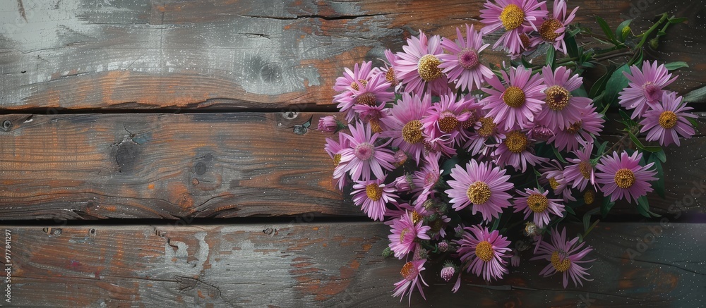 Fototapeta premium Asters arrangement on aged wooden surface. Copy space image. Place for adding text and design