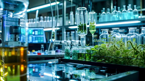 A laboratory filled with lots of glass bottles filled with plants