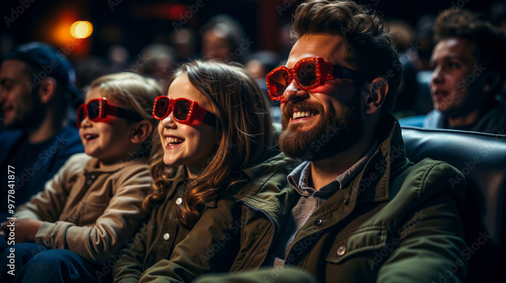 A group of people wearing 3D glasses watching a movie together A group of people wearing 3D glasses watching a movie together