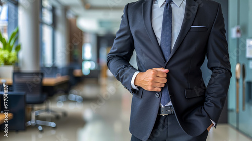 A man in a suit and tie standing in an office hallway