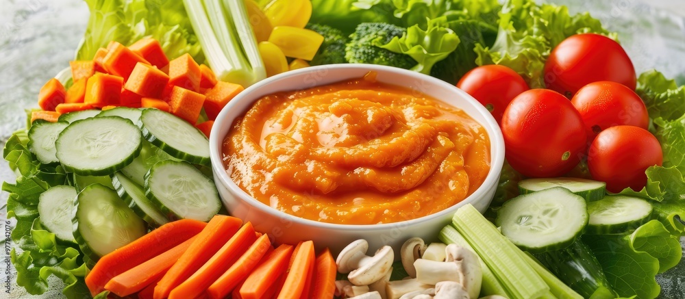 A variety of fresh vegetables including cucumber paprika carrots tomatoes celery and champignon mushrooms The vegetables are cut into portions and arranged on lettuce leaves In the middle is a bowl o A variety of fresh vegetables including cucumber paprika carrots tomatoes celery and champignon mushrooms The vegetables are cut into portions and arranged on lettuce leaves In the middle is a bowl o