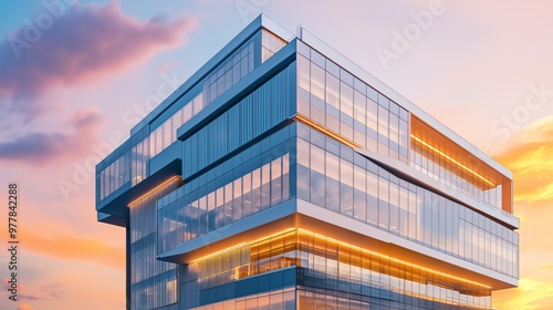 Modern architecture office building at dusk, illuminated windows against twilight sky.