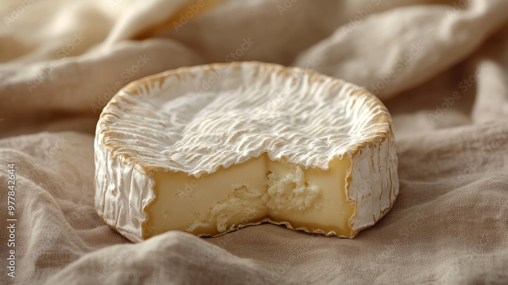 Camembert cheese on rustic fabric with a slice taken out. Camembert cheese on rustic fabric with a slice taken out.
