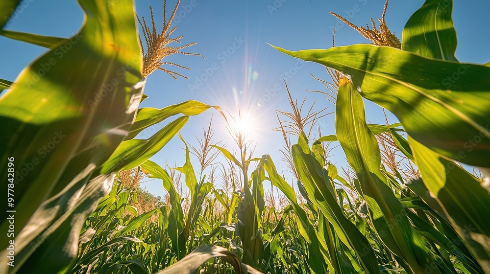 A sunlit view through tall corn plants, showcasing nature's beauty and growth. A sunlit view through tall corn plants, showcasing nature's beauty and growth.