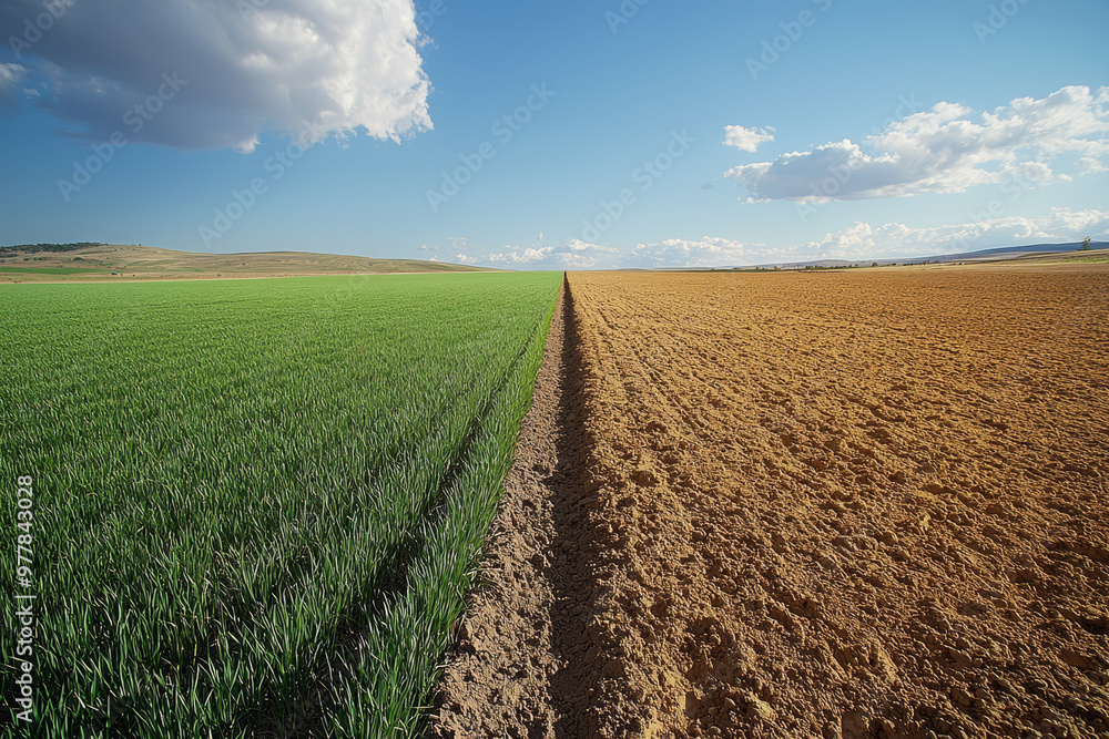 A divided field where one half is fertile and green, and the other is dry and barren, illustrating the consequences of climate change. A divided field where one half is fertile and green, and the other is dry and barren, illustrating the consequences of climate change.