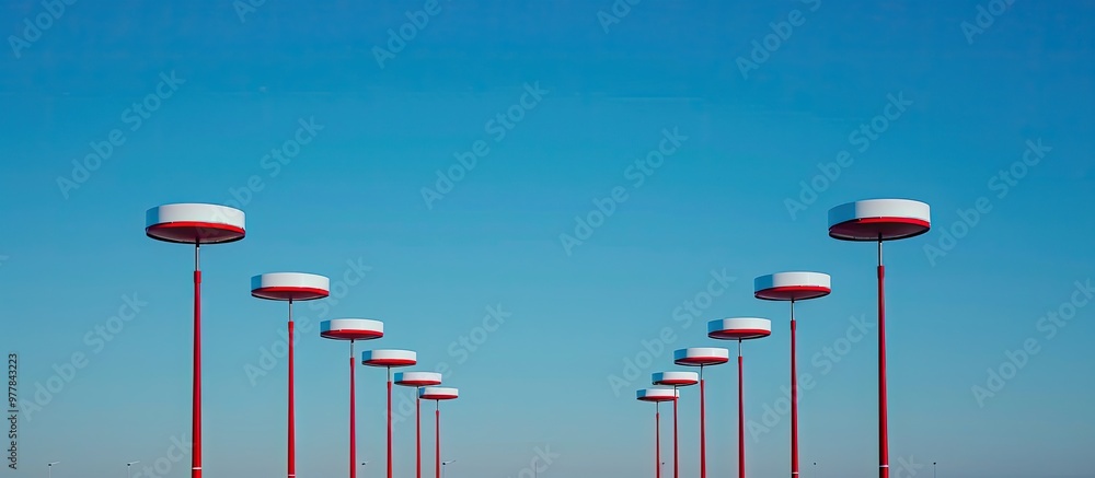 Fototapeta premium A row of airport lamp posts painted alternately in red and white against a blue sky backdrop copyspace