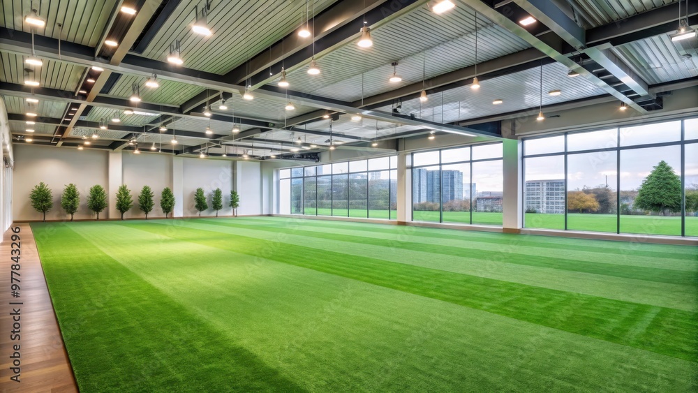 Naklejka premium Artificial turf flooring in a spacious indoor area with copy space