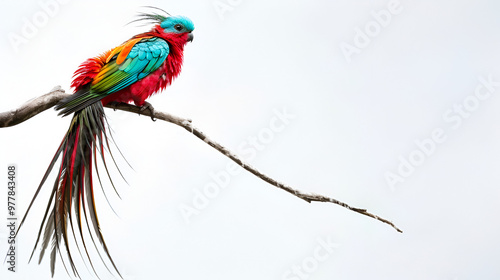 A colorful quetzal perched high on a white background with copy space, long tail feathers draped down photo